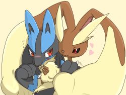Rule 34 | 00s, black sclera, blush, colored sclera, creatures (company), furry, game freak, gen 4 pokemon, heart, hug, hug from behind, lopunny, lucario, nintendo, no humans, pokemon, pokemon (creature), pokemon dppt, rabbit, red eyes