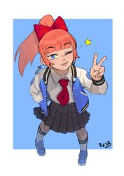 Rule 34 | 1girl, absurdres, blue eyes, bow, from above, highres, jacket, kunio-kun series, kyoko (kunio-kun), long hair, long sleeves, necktie, one eye closed, orange hair, piakisadrawer, ponytail, red bow, river city girls, school uniform, shoes, skirt, star (symbol), tongue, tongue out, v, wink