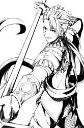 Rule 34 | 1boy, achilles (fate), fate/grand order, fate (series), from side, greyscale, grin, holding, holding polearm, holding spear, holding weapon, looking at viewer, male focus, monochrome, polearm, shiseki hirame, short hair, smile, spear, spiked hair, standing, weapon