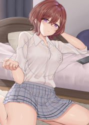 Rule 34 | 1girl, absurdres, bare legs, bed, bedroom, breast pocket, brown hair, cellphone, commentary request, earphones, giving, grey skirt, highres, higuchi madoka, idolmaster, idolmaster shiny colors, indoors, looking at viewer, miniskirt, mole, mole under eye, moriyama a, phone, plaid, plaid skirt, pleated skirt, pocket, purple eyes, see-through, shirt, short hair, sitting, skirt, sleeves rolled up, smartphone, solo, swept bangs, thighs, wariza, white shirt