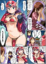 Rule 34 | 1boy, armor, bikini armor, black hair, blush, breasts, brown eyes, cape, circlet, cleavage, closed mouth, comic, commentary request, dragon quest, dragon quest iii, elbow gloves, gloves, helmet, imaichi, jewelry, long hair, multiple girls, navel, necklace, open mouth, purple hair, red armor, roto (dq3), smile, soldier (dq3), winged helmet