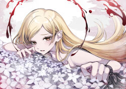 Rule 34 | 1girl, 402 (o0 xxx), bare arms, bare shoulders, black ribbon, blonde hair, blood, breasts, commentary request, dress, eyelashes, fang, floating hair, flower, furrowed brow, kiss-shot acerola-orion heart-under-blade, kizumonogatari, light blush, long hair, looking at viewer, lying, monogatari (series), no bra, official art, on stomach, oshino shinobu, parted lips, pointy ears, ribbon, second-party source, sleeveless, sleeveless dress, slit pupils, small breasts, solo, spaghetti strap, swept bangs, vampire, white dress, white flower, yellow eyes