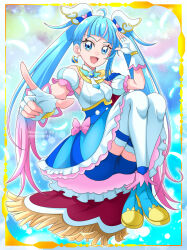Rule 34 | 1girl, ahoge, ankle boots, bike shorts, blue eyes, blue footwear, blue hair, blue shorts, boots, bow, brooch, cape, cure sky, cut bangs, dated, detached sleeves, dress, dress bow, earrings, feathers, fingerless gloves, floating, frilled dress, frills, fringe trim, gloves, gradient hair, hanzou, highres, hirogaru sky! precure, jewelry, light particles, long hair, looking at viewer, magical girl, multicolored background, multicolored hair, open mouth, pink hair, pointing, pointing at viewer, precure, puffy detached sleeves, puffy sleeves, red cape, salute, short dress, shorts, shorts under dress, single earring, single horizontal stripe, single sidelock, sleeveless, sleeveless dress, smile, solo, sora harewataru, streaked hair, thighhighs, twintails, twitter username, two-sided cape, two-sided fabric, very long hair, white gloves, white thighhighs, wing brooch, wing hair ornament