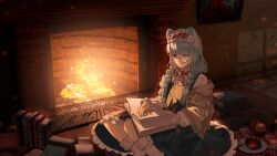 Rule 34 | 1girl, absurdres, animal ears, arknights, bear ears, blue eyes, blue hair, blue skirt, book, book stack, braid, buttons, chinese commentary, cinnamon roll, closed mouth, commentary request, cup, expressionless, fire, fireplace, flower, fork, gift, hair flower, hair ornament, hairband, highres, holding, holding book, istina (arknights), istina (bibliosmia) (arknights), jacket, jidian967, light blue hair, long sleeves, monocle, mug, neckerchief, off shoulder, official alternate costume, open book, open clothes, open jacket, plate, reading, red hairband, red neckerchief, shirt, sitting, skirt, solo, suspender skirt, suspenders, twin braids, white flower, white shirt, yellow jacket