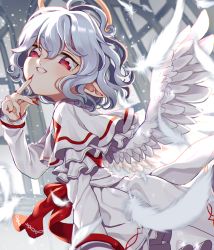 Rule 34 | 1girl, angel wings, capelet, commentary request, curly hair, dress, feathered wings, feathers, fingernails, halo, head tilt, long fingernails, long sleeves, looking at viewer, looking to the side, nail polish, pointy ears, red eyes, red nails, remilia scarlet, satomachi, short hair, silver hair, solo, touhou, white dress, wings