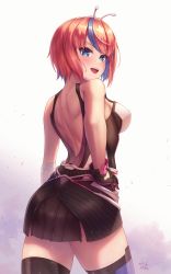 Rule 34 | +peeta, 1girl, absurdres, antennae, ass, back, backless dress, backless outfit, bandaged arm, bandages, bare back, bare shoulders, blue hair, blush, breasts, colored inner hair, dress, from behind, gloves, hand on own hip, highres, looking at viewer, looking back, medium breasts, meraki keimii, multicolored hair, orange hair, pixela project, short hair, solo, thighhighs, virtual youtuber, zettai ryouiki