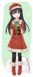 Rule 34 | 1girl, alternate costume, asashio (kancolle), black hair, black pantyhose, blue eyes, boots, bow, box, christmas, dress, full body, fur trim, gift, gift box, hat, head tilt, highres, holding, holding gift, kantai collection, long hair, long sleeves, looking at viewer, open mouth, pantyhose, pom pom (clothes), red footwear, sack, santa boots, santa costume, santa hat, solo, standing, yuki (yukin0128)