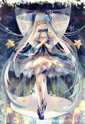 Rule 34 | 1girl, absurdly long hair, bad id, bad pixiv id, bai qi-qsr, crossed arms, detached sleeves, dress, closed eyes, full body, hatsune miku, highres, hourglass, long hair, smile, snowflakes, solo, star (symbol), twintails, very long hair, vocaloid, yuki miku
