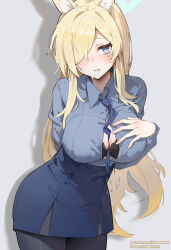 Rule 34 | 1girl, animal ears, black bra, black pantyhose, blonde hair, blue archive, blue eyes, blue necktie, blue shirt, blue skirt, blush, bra, breasts, collared shirt, cowboy shot, green halo, hair over one eye, halo, highres, kanna (blue archive), large breasts, long hair, looking at viewer, necktie, open mouth, pantyhose, shirt, simao (x x36131422), skirt, solo, underwear