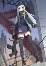 Rule 34 | 1girl, assault rifle, belt, beret, black footwear, black hat, black thighhighs, blue jacket, blue skirt, blunt bangs, clothes writing, commentary, commentary request, cross hair ornament, facial mark, german flag, german text, girls&#039; frontline, gloves, green eyes, gun, h&amp;k hk416, hair ornament, hat, highres, hk416 (girls&#039; frontline), holding, holding gun, holding weapon, holster, jacket, kakimoto nao, long hair, long sleeves, looking at viewer, miniskirt, outdoors, parted lips, partial commentary, plaid, plaid skirt, pleated skirt, rifle, shoes, silver hair, skirt, solo, standing, teardrop, thigh holster, thighhighs, twilight, utility belt, walkie-talkie, weapon, white gloves