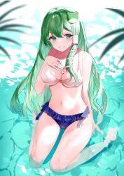 Rule 34 | 1girl, alternate costume, blush, breasts, cleavage, collarbone, commentary request, commission, frog hair ornament, green eyes, green hair, grin, hair ornament, hand on own chest, kochiya sanae, large breasts, long hair, looking at viewer, navel, sakizaki saki-p, sitting, skeb commission, smile, snake hair ornament, solo, stomach, swimsuit, teeth, thighs, touhou, wariza, water