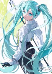 Rule 34 | 1girl, :/, aqua eyes, aqua hair, asymmetrical bodysuit, baizai, black bodysuit, black gloves, bodysuit, commentary, cropped jacket, flagpole, flame print, gloves, goodsmile racing, green gloves, hatsune miku, highres, holding, holding pole, jacket, long hair, long sleeves, looking at viewer, looking back, pole, race queen, racing miku, racing miku (2022), single leg bodysuit, solo, twintails, two-tone gloves, very long hair, vocaloid, white jacket