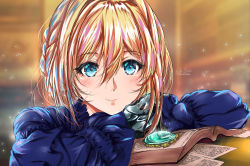 Rule 34 | 10s, arms on table, blonde hair, blue eyes, blue shirt, blush, book, braid, brooch, crossed arms, frills, gbsartworks, hair between eyes, hair intakes, highres, jewelry, letter, love letter, mechanical arms, mechanical hands, open book, paper, portrait, prosthesis, prosthetic arm, prosthetic hand, shirt, signature, single mechanical hand, smile, solo, violet evergarden, violet evergarden (series)