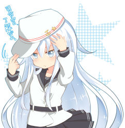 Rule 34 | 10s, 1girl, :&lt;, adjusting clothes, adjusting headwear, bad id, bad pixiv id, banchii, blue eyes, flat cap, hammer and sickle, hat, hibiki (kancolle), kantai collection, long hair, long sleeves, personification, school uniform, shirt, silver hair, skirt, solo, star (symbol), verniy (kancolle)