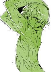 Rule 34 | 10s, 1boy, arched back, green theme, hair over one eye, hands in hair, looking at viewer, male focus, monochrome, seseri (trsnkrkr 1128), shirt, simple background, solo, touken ranbu, uguisumaru, upper body, wet, wet clothes, wet hair, wet shirt, white background