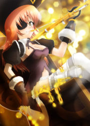 Rule 34 | 1girl, asatana, bad id, bad pixiv id, breasts, brown eyes, captain dolce, clarinet, cleavage, dolce, eyepatch, fingerless gloves, frills, gloves, gold, hat, hook, hook hand, instrument, jewelry, crossed legs, medium breasts, navel, pink hair, pirate, pirate hat, sitting, smile, solo, thighhighs, treasure, treasure chest, trusty bell, zettai ryouiki