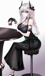 Rule 34 | 1girl, absurdres, arknights, arm under breasts, bad id, bad pixiv id, black choker, black dress, black footwear, black gloves, breasts, choker, cleavage, closed mouth, cup, detached sleeves, dress, drink, drinking glass, earrings, expressionless, flower, gloves, gradient background, green flower, grey background, hair between eyes, hair ornament, high heels, highres, holding, holding cup, horns, jewelry, large breasts, long hair, looking at viewer, minuolin, mudrock (arknights), mudrock (obsidian) (arknights), necklace, official alternate costume, petals, pointy ears, red eyes, see-through, short sleeves, single glove, sitting, solo, stool, table, white background, white hair