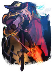 Rule 34 | 1girl, blonde hair, boots, brooch, cape, dragon, eyepatch, fire, full body, full moon, gloves, hat, jewelry, long hair, long sleeves, moon, moonlight, night, pants, pixiv fantasia, pixiv fantasia 4, puffy long sleeves, puffy sleeves, solo, sui (soo008), sword, vest, weapon