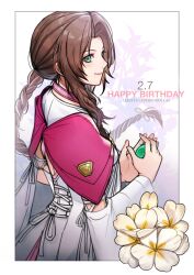 Rule 34 | 1girl, aerith gainsborough, aerith gainsborough (floral gown), braid, braided ponytail, brown hair, choker, corset, cross-laced clothes, cross-laced corset, detached sleeves, dress, final fantasy, final fantasy vii, final fantasy vii ever crisis, flower, green eyes, happy birthday, highres, holding, long dress, lukrevadraws, materia, official alternate costume, pink choker, smile, solo, wide sleeves