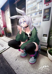 1girl animal_ears blue_eyes choker cigarette green_jacket grey_hair highres holding holding_cigarette jacket leotard looking_at_viewer nilitsu open_clothes open_jacket original playboy_bunny rabbit_ears shoes smoking sneakers solo squatting thighhighs twintails vending_machine