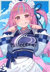 Rule 34 | 1girl, :q, absurdres, ahoge, alternate costume, alternate hairstyle, anchor print, anchor symbol, apron, back bow, blue border, blue hair, blue kimono, blue nails, blue ribbon, blunt bangs, blush, border, bow, breasts, checkered sleeves, collar, colored inner hair, commentary, cowboy shot, female focus, fingers to cheeks, floral print, frilled apron, frilled collar, frills, hair ribbon, heart, heart-shaped pupils, highres, hololive, japanese clothes, kimono, large breasts, long sleeves, looking at viewer, maid, maid apron, maid headdress, minato aqua, minato aqua (new year), multicolored hair, nail polish, one side up, pink bow, pink hair, print kimono, ribbon, sash, sidelocks, smile, solo, streaked hair, symbol-shaped pupils, tonarikeru, tongue, tongue out, two-tone hair, virtual youtuber, wa maid, wave print, waves, white apron, wide sleeves