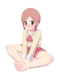 Rule 34 | 1girl, bare legs, barefoot, blush, brown eyes, brown hair, closed mouth, feet, feet together, full body, hands on feet, holding own foot, knees apart feet together, long sleeves, looking at viewer, maidforge, nichijou, pink skirt, plaid, plaid skirt, school uniform, short hair, sidelocks, simple background, sitting, skirt, soles, tachibana misato, thighs, toenails, toes, white background