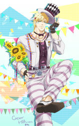Rule 34 | 1boy, blonde hair, caesar anthonio zeppeli, facial mark, feather hair ornament, feathers, fingerless gloves, flower, gloves, green eyes, hair ornament, hat, highres, jojo no kimyou na bouken, male focus, pants, ribbon, saoyou, solo, striped clothes, striped pants, sunflower, top hat