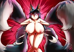 Rule 34 | 1girl, animal ear fluff, animal ears, artist name, blue eyes, borrowed character, breasts, breasts squeezed together, curvy, floofsmear, fox ears, fox girl, fox tail, gluteal fold, hair between eyes, hair ornament, hairclip, half-closed eyes, hanging breasts, huge breasts, kiri (sub-res), kitsune, lactation, large areolae, large nipples, legs together, long hair, looking at viewer, multiple tails, one eye closed, original, projectile lactation, puffy areolae, puffy nipples, sidelocks, solo, standing, tail, thick thighs, thighs, wide hips