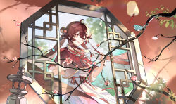 Rule 34 | 1girl, :d, absurdres, ahoge, alternate costume, architecture, bird, black hair, branch, brown hair, capelet, chinese clothes, chinese commentary, commentary, crackingtaro, crossed bangs, dated, dress, east asian architecture, floating hair, flower, flower-shaped pupils, genshin impact, hair between eyes, hair bun, hair flower, hair ornament, highres, holding, hu tao (genshin impact), lantern, leaf, long hair, open mouth, paper lantern, pink flower, red eyes, red sash, sash, sidelocks, smile, solo, symbol-shaped pupils, tassel, tassel hair ornament, tree, twintails, very long hair, white dress, window