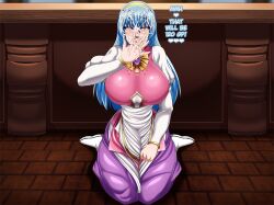 Rule 34 | 1girl, blue hair, blush, breasts, bukkake, counter, cum, cum in mouth, cum on body, cum on hair, cum on hand, cum on tongue, dress, estpolis denki, facial, female focus, full body, gem, hairband, heart, heart-shaped pupils, highres, huge breasts, jewelry, large breasts, licking, licking hand, long hair, looking at viewer, lufia, merchant, naughty face, necklace, nightmare-doom, open mouth, pendant, pov, puffy sleeves, purple eyes, sitting, symbol-shaped pupils, tia (estpolis denki), tongue, tongue out, very long hair