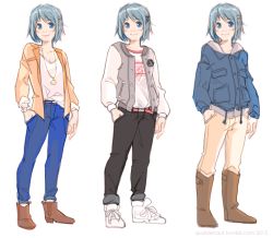 Rule 34 | 10s, 1girl, 2015, blue eyes, blue hair, boots, coat, commentary, dated, denim, fashion, full body, hair ornament, hairpin, hand in pocket, jacket, jeans, jewelry, mahou shoujo madoka magica, miki sayaka, multiple persona, necklace, pants, pants rolled up, shoes, short hair, sketch, pants, smile, solo focus, sparklenaut, standing, vest, watch, watermark, web address, wristwatch