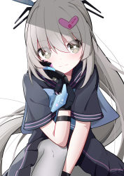 Rule 34 | absurdres, dress, flower-shaped pupils, grey eyes, grey hair, hair ornament, hairclip, head on hand, heart, heart hair ornament, highres, looking to the side, mechanical gloves, nanami: pulse (punishing: gray raven), nanami (punishing: gray raven), pantyhose, punishing: gray raven, sailor dress, sitting, smile, split mouth, symbol-shaped pupils, yeyou (pwny8774)