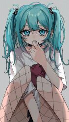 1girl absurdres akita_aaa arm_between_legs barbell_piercing blue_eyes blue_hair bow bridge_piercing collar commentary_request ear_piercing earrings fingernails fishnet_pantyhose fishnets hair_bow hand_up hatsune_miku highres industrial_piercing jewelry knees_up lip_piercing lip_ring long_fingernails long_hair looking_at_viewer nail_polish pantyhose piercing sad_girl_sex_(vocaloid) shirt solo spiked_collar spikes t-shirt torn_clothes torn_shirt twintails vocaloid