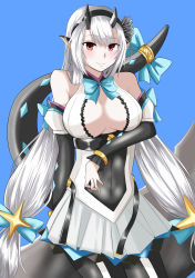 Rule 34 | 1girl, absurdres, black hairband, black pantyhose, blue background, blue bow, bow, breasts, cleavage, covered navel, detached sleeves, dragon tail, epic seven, flower, hair flower, hair ornament, hairband, highres, horns, large breasts, long hair, looking at viewer, pantyhose, pointy ears, smile, solo, standing, tail, tail bow, tail ornament, twomoon, very long hair, white hair, yufine (epic seven)