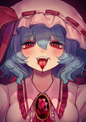 Rule 34 | 1girl, absurdres, ainy (style), blood, blood from mouth, blood on face, blood on teeth, blue hair, blurry, blush, breasts, brooch, commentary request, depth of field, eyeshadow, fangs, frilled shirt collar, frills, gradient background, hair between eyes, half-closed eyes, hat, hat ribbon, highres, jewelry, looking at viewer, makeup, medium breasts, mob cap, nose blush, open mouth, pink hat, pink shirt, qiu ju, red background, red eyes, red eyeshadow, red ribbon, remilia scarlet, ribbon, shirt, short hair, simple background, solo, teeth, tongue, tongue out, touhou, upper body, vampire