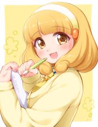 Rule 34 | 1girl, absurdres, anniversary, arakawa tarou, blonde hair, blunt bangs, blush, brown eyes, character request, highres, kise yayoi, long sleeves, looking at viewer, mechanical pencil, medium hair, open mouth, pencil, precure, smile, smile precure!, solo