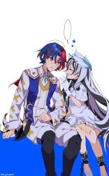 Rule 34 | 1girl, alear (fire emblem), alear (male) (fire emblem), bare shoulders, black choker, black hair, blue hair, breasts, brother and sister, choker, crossed bangs, dress, feather hair ornament, feathers, fire emblem, fire emblem engage, grey hair, hair ornament, long hair, mugimugis, multicolored hair, nintendo, official alternate costume, petite, purple eyes, red hair, short hair, siblings, small breasts, solo, two-tone hair, very long hair, veyle (fire emblem), wavy hair