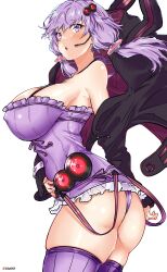 Rule 34 | 1girl, absurdres, aiuti, alternate breast size, artist name, ass, bare shoulders, black hoodie, breasts, commentary request, curvy, dress, from side, hair ornament, headset, highres, hood, hoodie, large breasts, looking at viewer, low twintails, medium hair, open mouth, panties, purple dress, purple eyes, purple hair, purple panties, purple thighhighs, simple background, solo, thighhighs, thighs, twintails, underwear, voiceroid, white background, yuzuki yukari