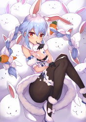 Rule 34 | 1girl, absurdres, animal ear fluff, black gloves, black pantyhose, blue hair, bow, braid, breasts, bridal garter, carrot hair ornament, cleavage, commentary request, detached sleeves, don-chan (usada pekora), dress, finger to mouth, food-themed hair ornament, footwear bow, fur-trimmed gloves, fur trim, gloves, hair ornament, highres, hololive, knees up, looking at viewer, masaki (msk064), medium breasts, multicolored hair, orange eyes, pantyhose, puffy short sleeves, puffy sleeves, scarf, shoes, short sleeves, sitting, solo, streaked hair, stuffed animal, stuffed rabbit, stuffed toy, thick eyebrows, twin braids, twintails, usada pekora, usada pekora (1st costume), virtual youtuber, white dress, white footwear, white hair