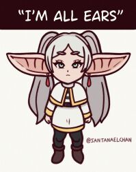 Rule 34 | 1girl, black pants, brown footwear, capelet, dangle earrings, earrings, elf, english text, frieren, green eyes, grey hair, jewelry, pants, pointy ears, santanaelchan, shirt, skirt, solo, sousou no frieren, striped clothes, striped shirt, too literal, twintails, twitter username, white capelet, white skirt