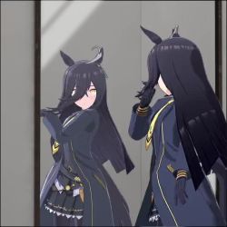 Rule 34 | 1girl, 3d, animal ears, animated, black hair, blowing kiss, breasts, clone, closed eyes, ear wiggle, full-length mirror, happy, horse ears, horse girl, long hair, looking at viewer, lowres, manhattan cafe (umamusume), mikumikudance (medium), mirror, necktie, reflection, shy, skirt, small breasts, smile, surprised, umamusume, video, yellow eyes