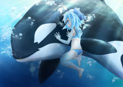 Rule 34 | 1girl, bad id, bad pixiv id, barefoot, blue eyes, blue hair, blush, bow, bubble, cirno, fang, freediving, highres, hood, manahui, matching hair/eyes, orca, short hair, solo, swimming, touhou, underwater, water, whale