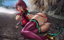 Rule 34 | 1girl, armor, ass, beach, black gloves, blue sky, boots, breasts, circlet, closed mouth, fingerless gloves, gauntlets, gloves, large breasts, lexaiduer, lips, lying, nail polish, on side, outdoors, palm tree, pyra (xenoblade), red eyes, red footwear, red hair, red lips, red shorts, sakimichan (style), sand, short hair, short sleeves, shorts, signature, sky, smile, solo, swept bangs, thigh boots, thighhighs, tree, water, watermark, waves, web address, xenoblade chronicles (series), xenoblade chronicles 2, zettai ryouiki