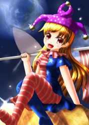 Rule 34 | 1girl, :d, american flag, american flag dress, american flag legwear, american flag shirt, arm support, blonde hair, blue background, clownpiece, fairy wings, flagpole, glint, gradient background, hat, highres, jester cap, long hair, looking at viewer, no shoes, open mouth, pantyhose, red eyes, rock, sitting, sitting on rock, smile, solo, soran (torarnworld), touhou, wings