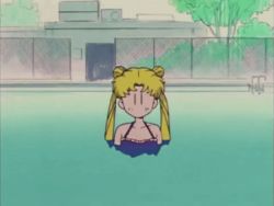 Rule 34 | 1girl, animated, animated gif, ball, beachball, bishoujo senshi sailor moon, blonde hair, chain-link fence, confused, day, double bun, facing viewer, fence, hair bun, long hair, looking at viewer, lowres, partially submerged, pool, sinking, solo, swimsuit, tree, tsukino usagi, twintails, water