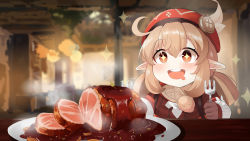 Rule 34 | + +, 1girl, :d, absurdres, ahoge, backpack, bag, blurry, blush, brown gloves, brown scarf, cabbie hat, clover print, coat, commentary request, depth of field, drooling, dual wielding, food, food focus, fork, genshin impact, gloves, gravy, hair between eyes, hat, hat feather, hat ornament, highres, holding, holding fork, klee (genshin impact), light brown hair, long hair, long sleeves, low twintails, lucifina 006, meat, open mouth, orange eyes, plate, pointy ears, red coat, red hat, scarf, sidelocks, smile, solo, sparkle, sparkling eyes, steak, steam, symbol-shaped pupils, table, tavern, twintails