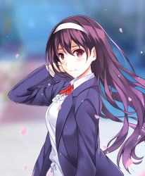 Rule 34 | 1girl, bad id, bad pixiv id, blazer, blurry, cherry blossoms, closed mouth, collared shirt, depth of field, from side, hairband, jacket, kasumigaoka utaha, long hair, open jacket, open clothes, open jacket, outdoors, purple hair, red eyes, rko (a470350510), saenai heroine no sodatekata, shirt, smile, solo, very long hair, white shirt, wing collar