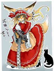 Rule 34 | !, 1girl, :3, absurdres, animal ears, assault rifle, black cat, black footwear, blonde hair, blue background, blue eyes, blush, cat, closed mouth, commentary request, doitsuken, dress, fang, fang out, fox ears, fox tail, frilled skirt, frills, furry, furry female, gun, headdress, high heels, highres, holding, holding gun, holding weapon, long sleeves, looking at viewer, mouth hold, original, outline, red dress, rifle, scope, shirt, shoes, simple background, skirt, slit pupils, solo, standing, tail, translation request, trigger discipline, weapon, weapon request, whiskers, white outline, white shirt