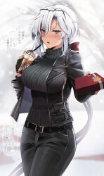 Rule 34 | 1girl, alternate costume, black gloves, black jacket, black nails, black pants, black sweater, box, dark-skinned female, dark skin, eyewear on head, gift, gift box, gloves, grey hair, highres, jacket, kantai collection, leather, leather jacket, long hair, looking at viewer, musashi (kancolle), pants, partially fingerless gloves, solo, speech bubble, sweater, translation request, valentine, very long hair, yunamaro