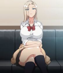 Rule 34 | 1girl, blonde hair, blue eyes, bracelet, breasts, clothes around waist, collarbone, couch, crossed legs, earrings, highres, jewelry, kurashiki reina, large breasts, long hair, looking at viewer, red ribbon, ribbon, saimin seishidou, school uniform, screencap, shirt, sitting, skirt, stitched, sweater, sweater around waist, thighs, third-party edit, white shirt, yellow sweater